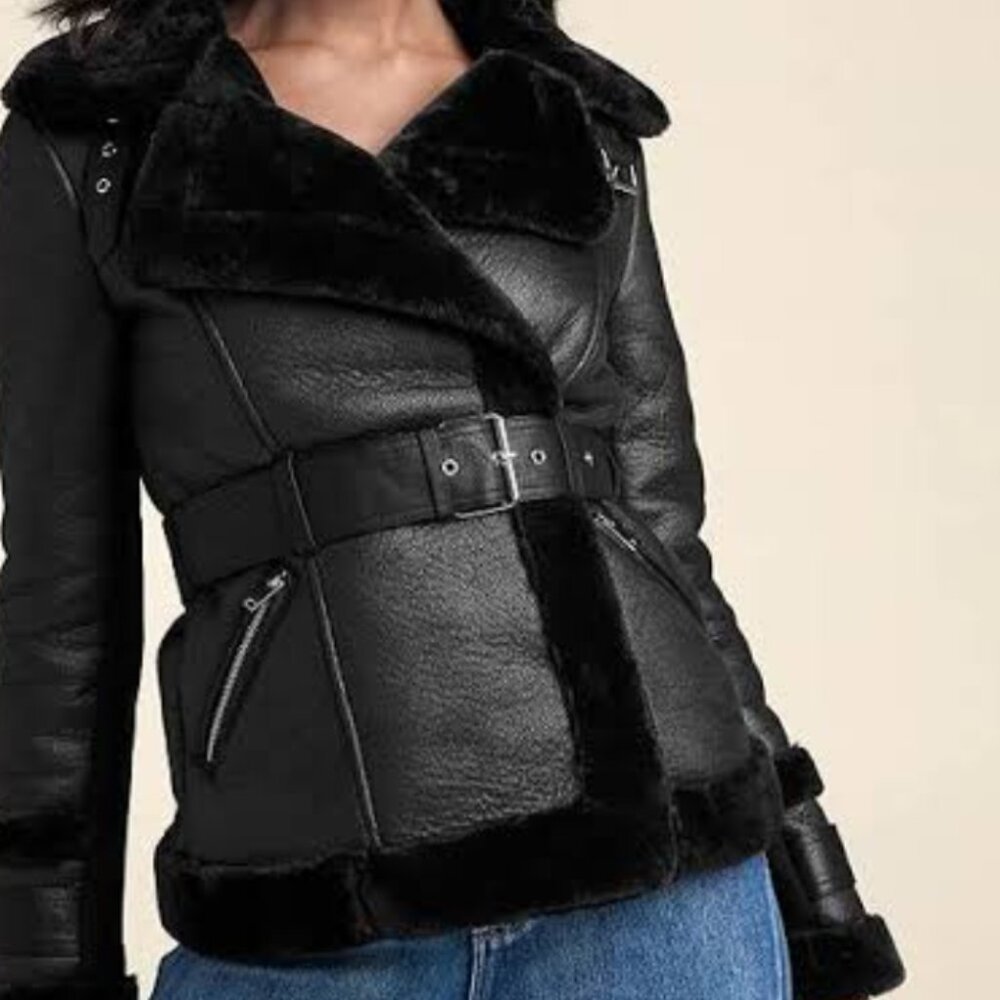 Venus Black Leather Belted Sherling